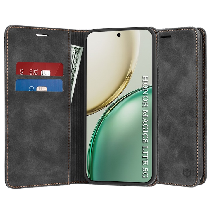 Husa pentru Honor Magic 8 Lite DaDen® Tip Carte, Confy Cover, Suport card, Functie de Stand si Inchidere Magnetica, Protectie Sporita, Piele ecologica, Negru