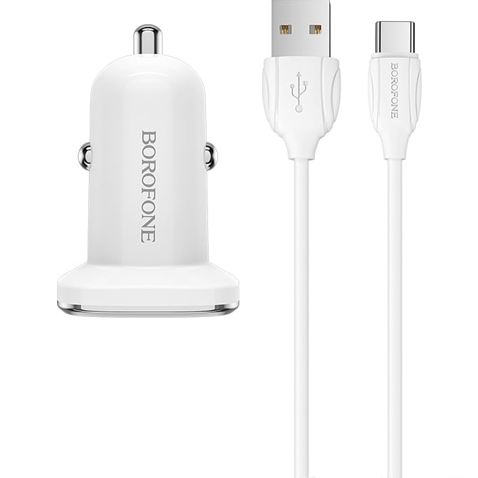 Incarcator auto Borofone BZ12, 2xUSB, 2.4A, Cablu USB-C inclus, White