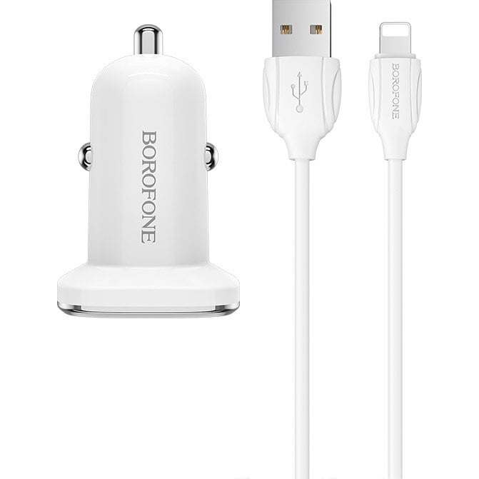 Incarcator auto Borofone BZ12, 2xUSB, 2.4A, Cablu Lightning inclus, White