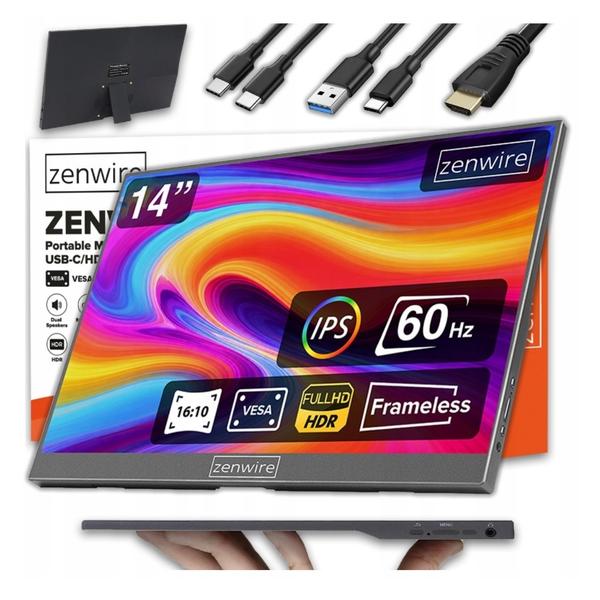 Monitor Portabil IPS LED Zenwire 14inch AMG14, WUXGA (1920 x 1200), Mini HDMI, USB-C (Negru)