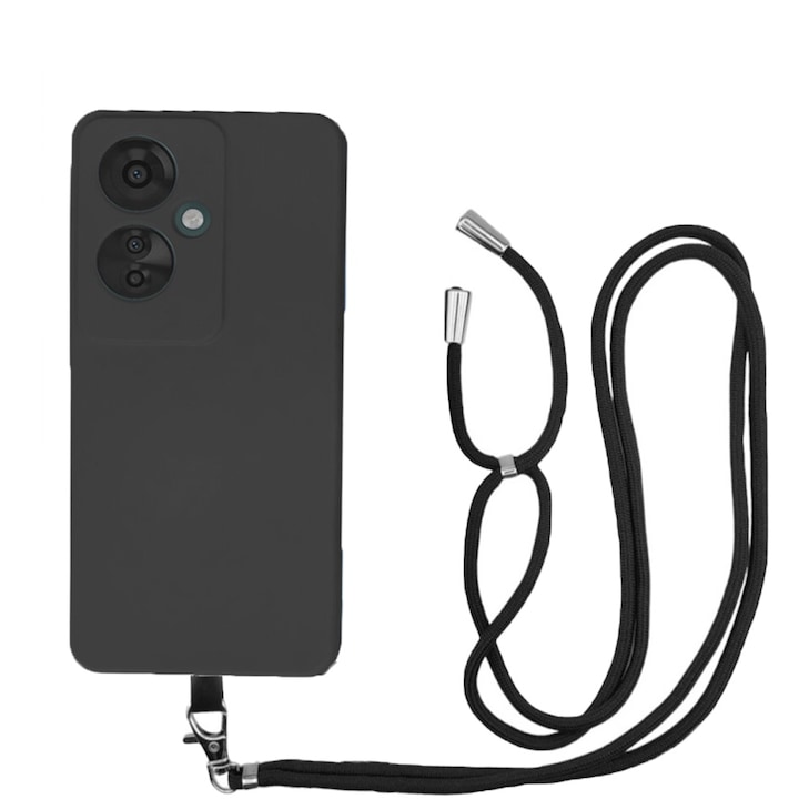 Husa compatibila cu Oppo Reno 11F 5G, Sport Body Lanyard Case, Snur detasabil, Lungime reglabila, 80 cm, Silicon anti-alunecare, Interior de microfibra, Negru