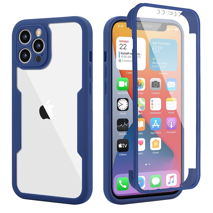 Husa Max Defence pentru Samsung Galaxy S22 Plus, Flippy, Bumper Albastru, Fata Dubla Transparenta, Protectie Antisoc Full 360