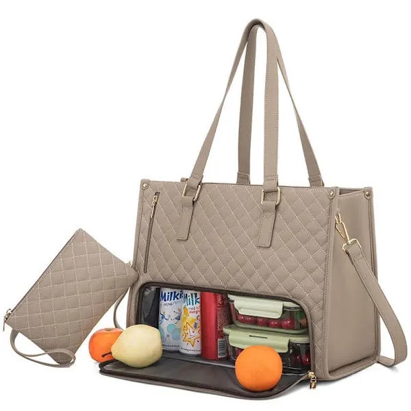 Geanta 2-in-1 pentru laptop si pranz, piele sintetica matlasata, compartiment termoizolant etans cu separator pliabil, pentru laptop 15,6 inch, khaki
