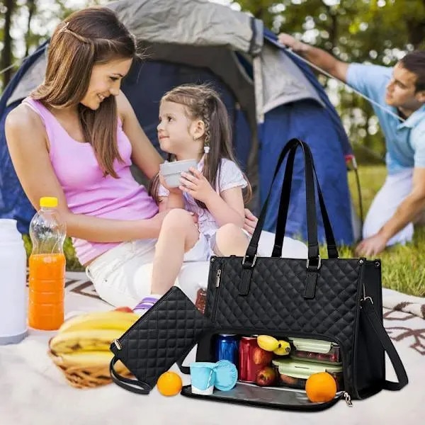Geanta 2-in-1 pentru laptop si pranz, piele sintetica matlasata, compartiment termoizolant etans cu separator pliabil, pentru laptop 15,6 inch, khaki