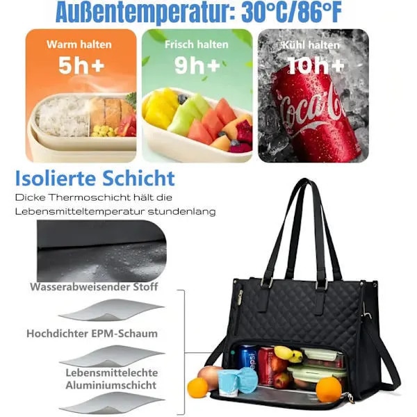 Geanta 2-in-1 pentru laptop si pranz, piele sintetica matlasata, compartiment termoizolant etans cu separator pliabil, pentru laptop 15,6 inch, khaki