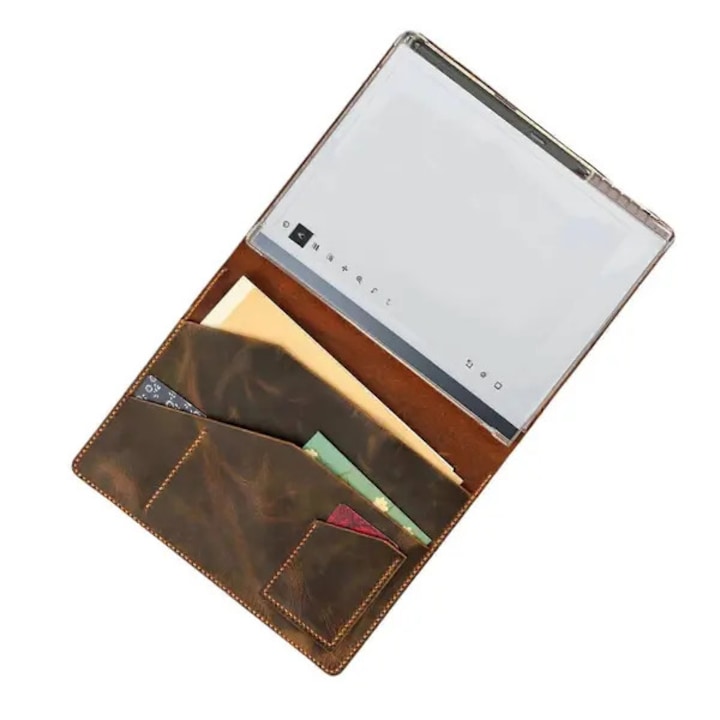 Husa folio din piele full-grain pentru reMarkable Paper Pro PRE-CJk0515-26-0825-1229, piele de bivol maro inchis, carcasa plastic dur cu suport pentru stylus, buzunare pentru carduri, cusaturi manuale