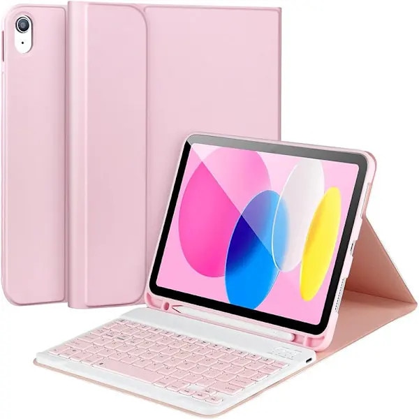 Husa cu tastatura Bluetooth pentru iPad A16 (11th/10th generation) PRE-CJk0515-26-0825-3578, compatibila cu modelele A3354/A3355/A3356/A2696/A2757/A2777/A3162, exterior PU + interior TPU, slim folio cu suport reglabil, roz