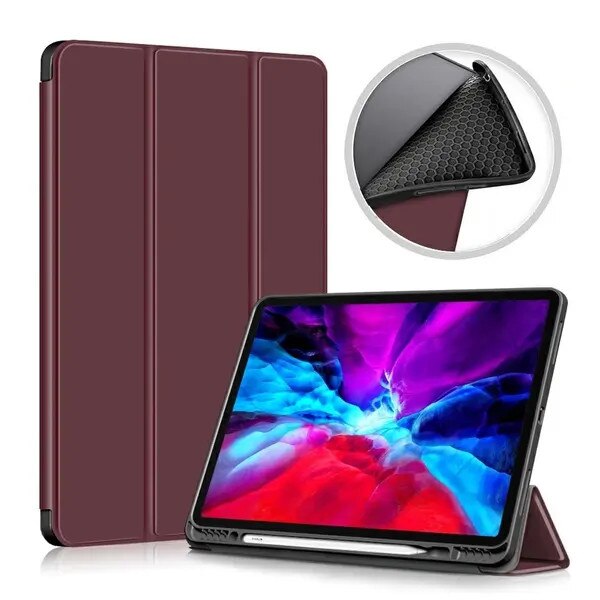 Husa flip din PU pentru iPad Pro 12.9 (2021/2020) cu suport tri-fold, buzunar pentru stylus, miez TPU cu structura tip fagure, visiniu