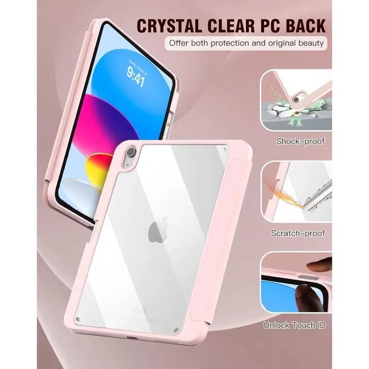 Husa pentru iPad 11" compatibila cu iPad (A16) 11 (2025) PRE-CJk0515-26-0825-2398, spate transparent PC, bumper TPU rezistent la socuri, suport pentru Apple Pencil, auto wake/sleep, stand pliabil, roz pal