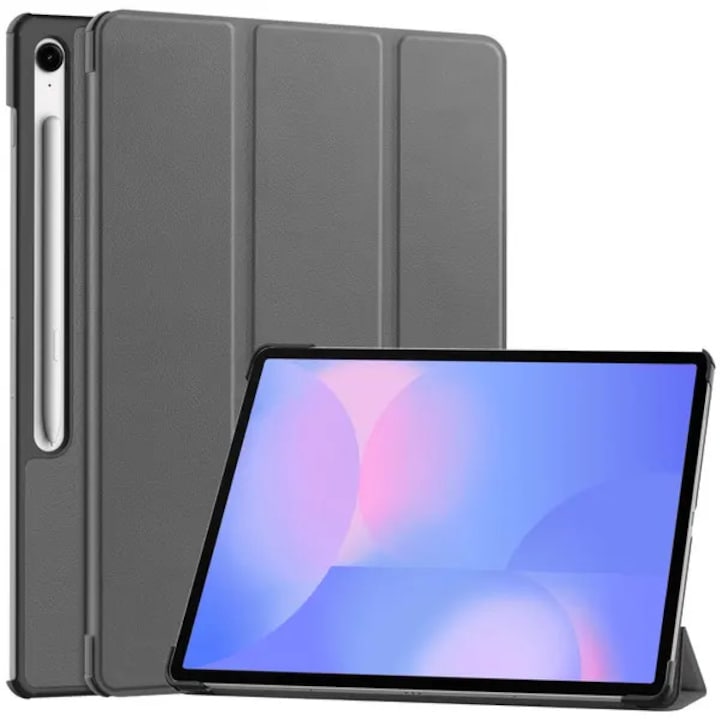 Husa tri-fold pentru Samsung Galaxy Tab S10 FE Plus (SM‑X620/SM‑X626), piele PU, suport S Pen, functie auto wake/sleep, gri