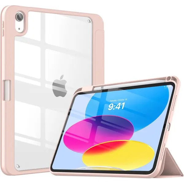 Husa pentru iPad 11" (2025) A16 PRE-CJk0515-26-0825-5149, spate transparent PC, margini TPU anti-soc, suport pentru Apple Pencil, magnet pentru auto sleep/wake, functie stand tri-fold, roz