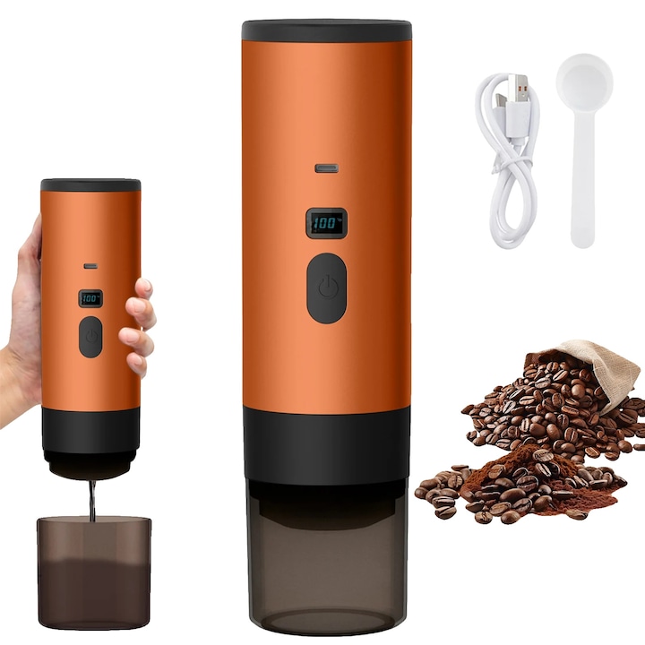 Cafetiere portabila, 3 in 1, USB-C reincarcabila, portocalie vibranta, 120ml