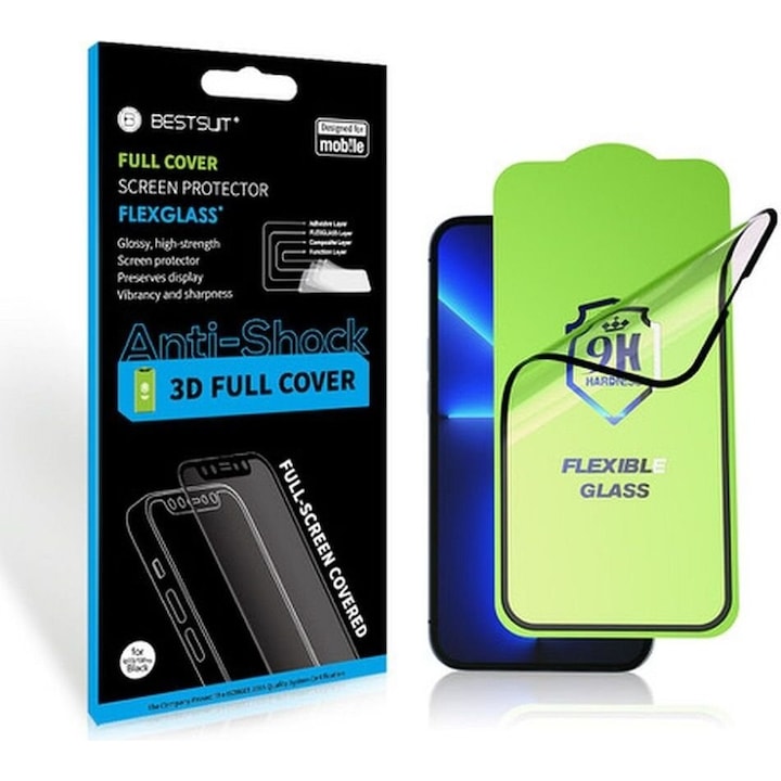 Folie protectie telefon Bestsuit, sticla hibrid flexibila 5D, neagra, 0.38mm, set complet de aplicare