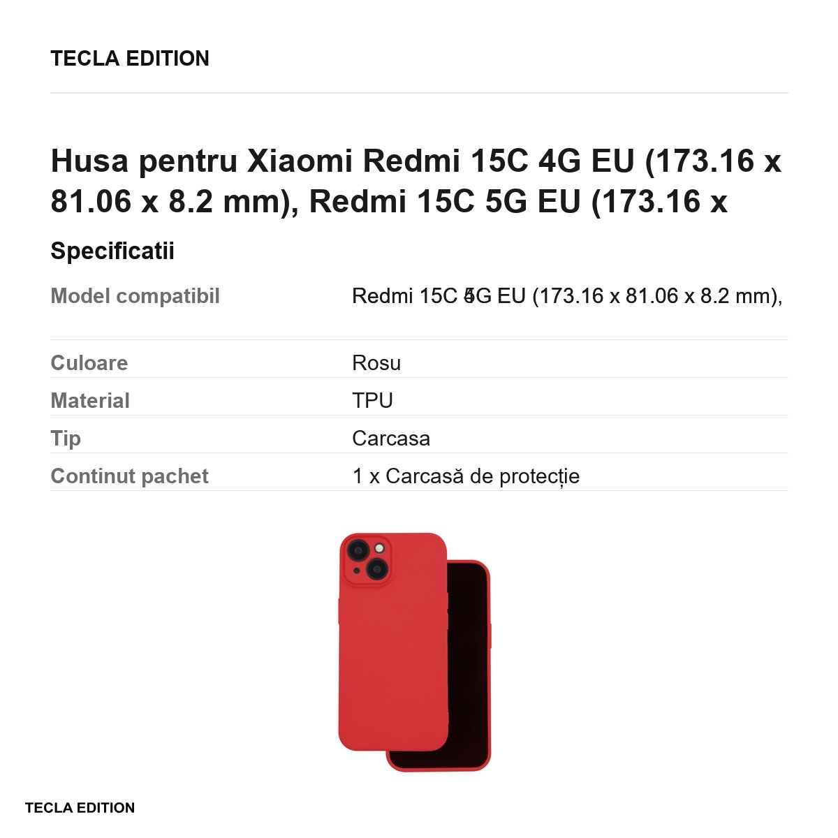 Husa Silicon pentru Xiaomi Redmi 15C 4G EU, Redmi 15C 5G EU, Carcasa, Rosu