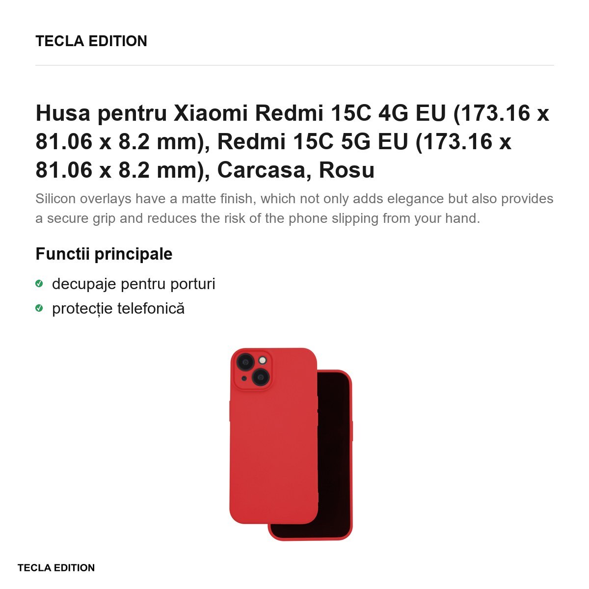 Husa Silicon pentru Xiaomi Redmi 15C 4G EU, Redmi 15C 5G EU, Carcasa, Rosu