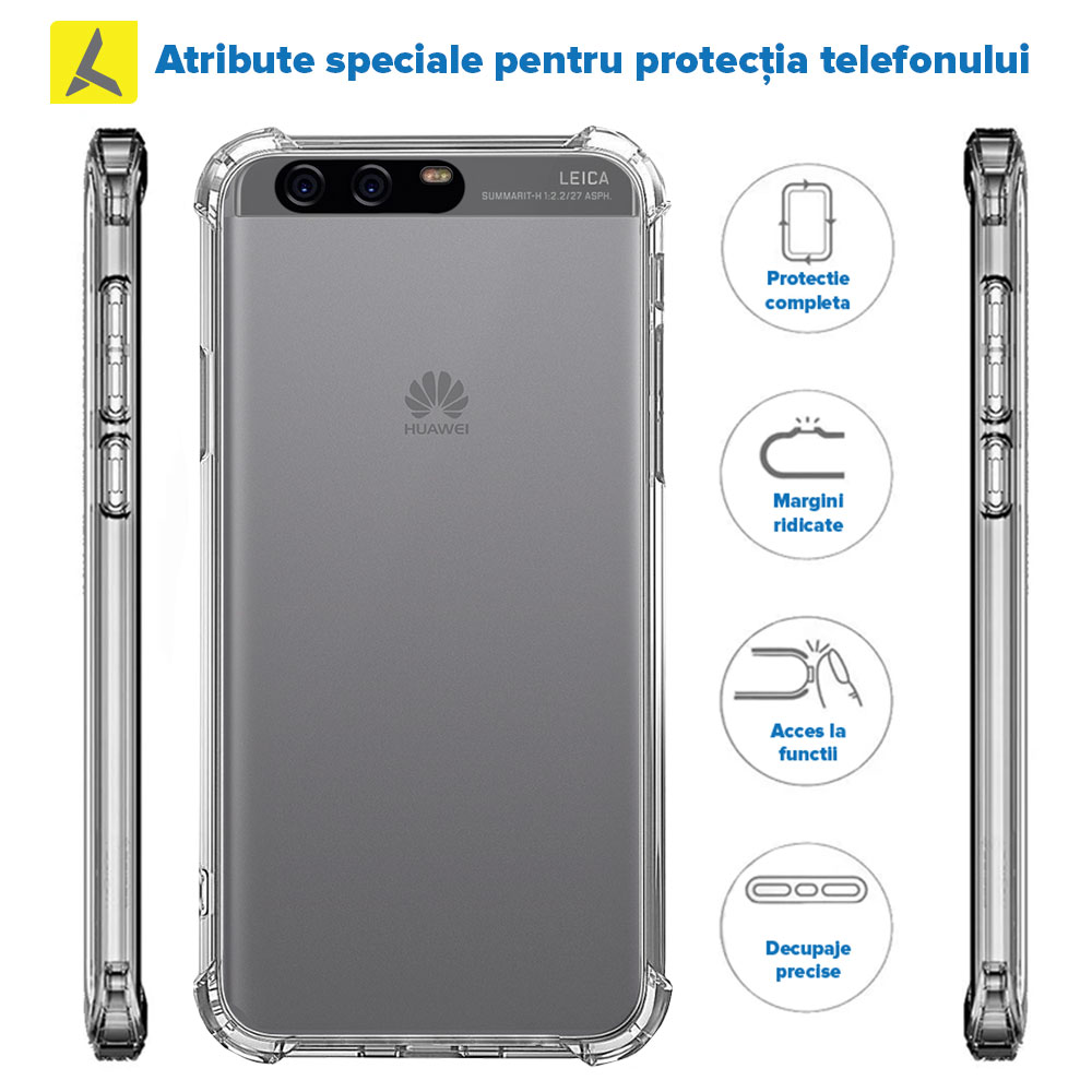 Husa antisoc Huawei P10 - transparenta, silicon, colturi Anti-Drop, spate plastic, iShield Clear