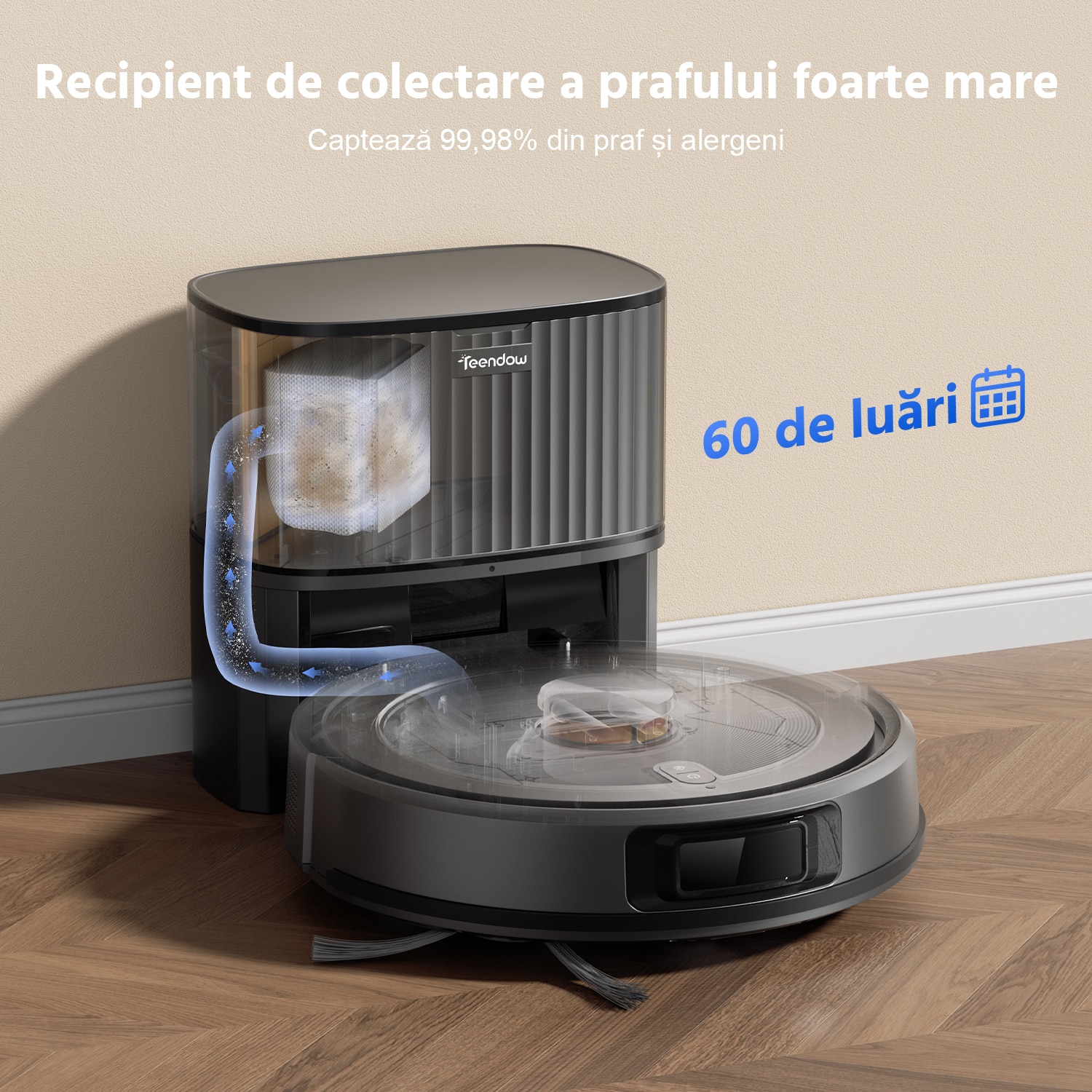 Aspirator robot Teendow D10S Max 2 in 1, Robot de aspirare cu mop, Statie automata de golire, Navigare LiDAR la 360°, Putere de 5000Pa, 120 de minute, Alexa, Google Home, Negru, 2.5 L