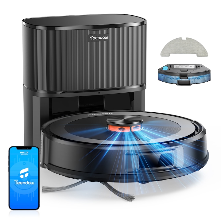 Aspirator robot Teendow D10S Max 2 in 1, Robot de aspirare cu mop, Statie automata de golire, Navigare LiDAR la 360°, Putere de 5000Pa, 120 de minute, Alexa, Google Home, Negru, 2.5 L