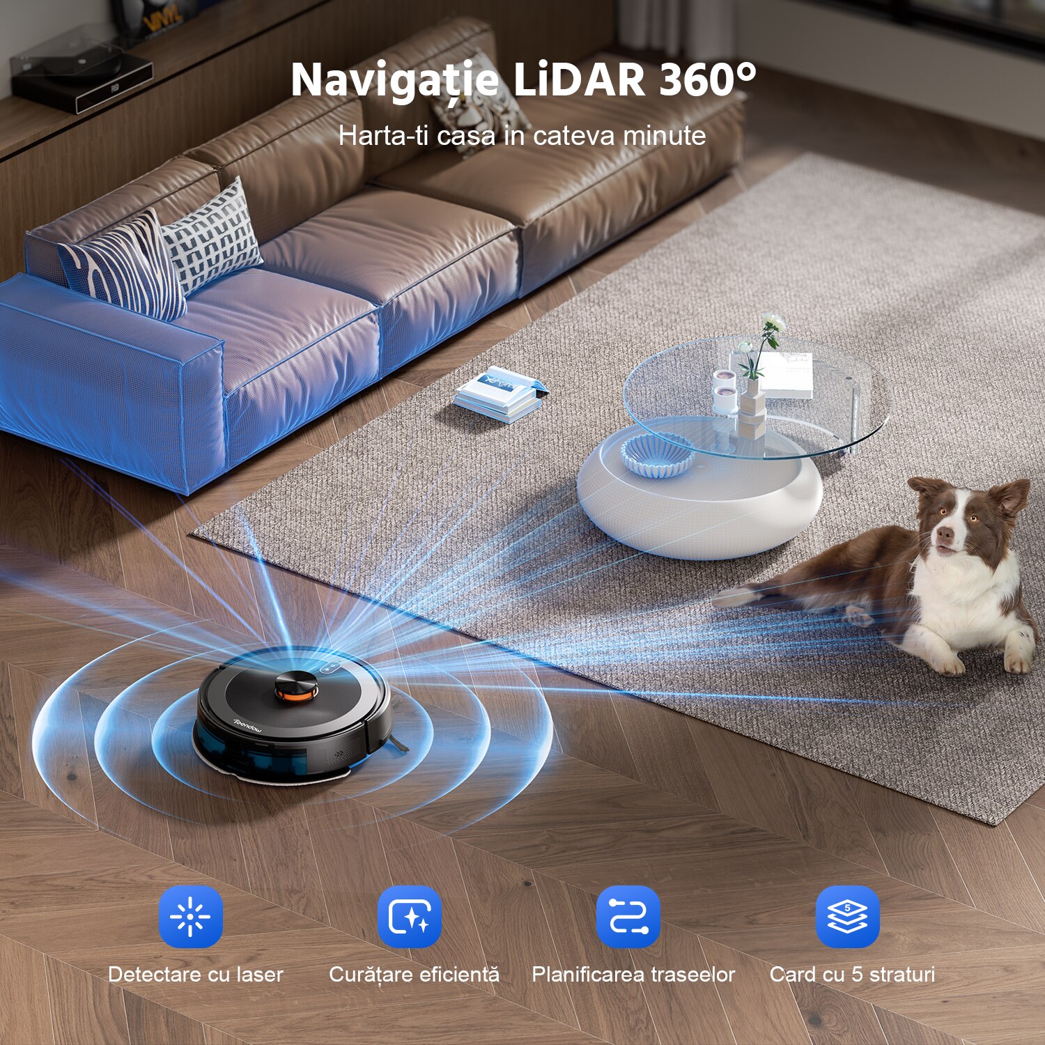 Aspirator robot Teendow D10S Max 2 in 1, Robot de aspirare cu mop, Statie automata de golire, Navigare LiDAR la 360°, Putere de 5000Pa, 120 de minute, Alexa, Google Home, Negru, 2.5 L