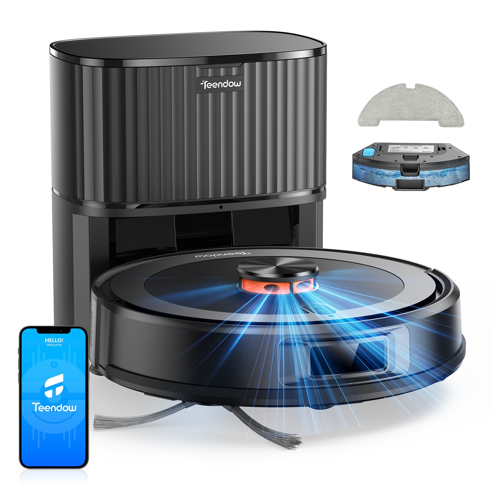 Aspirator robot Teendow D10S Max 2 in 1, Robot de aspirare cu mop, Statie automata de golire, Navigare LiDAR la 360°, Putere de 5000Pa, 120 de minute, Alexa, Google Home, Negru, 2.5 L