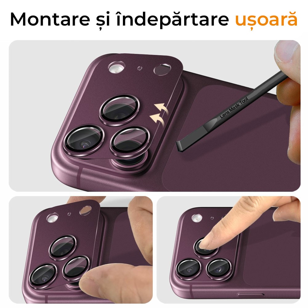 Folie Camera din sticla pentru iPhone 18 Pro, Full Cover, Protectie Completa, Daden, Ultra Rezistenta, Calitate Premium, Burgundiu/Mov