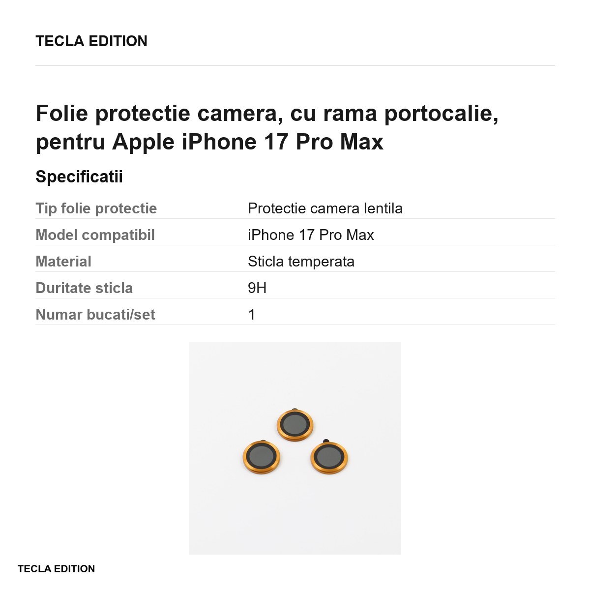 Folie protectie camera, cu rama portocalie, pentru Apple iPhone 17 Pro Max