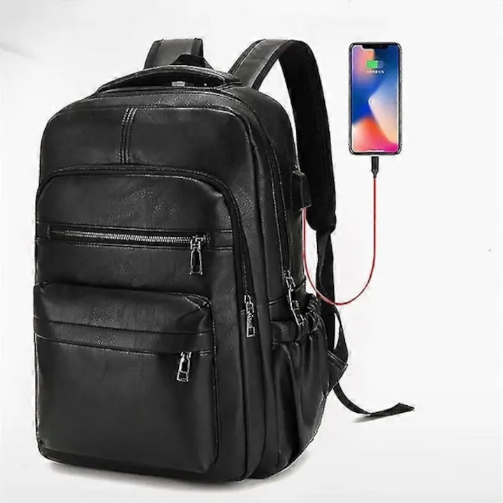 Rucsac pentru laptop din piele PU (piele ecologica) cu port USB extern, compartiment organizator, negru, 28 x 43 x 15 cm, ISINI-CJ-K0497-260819-706