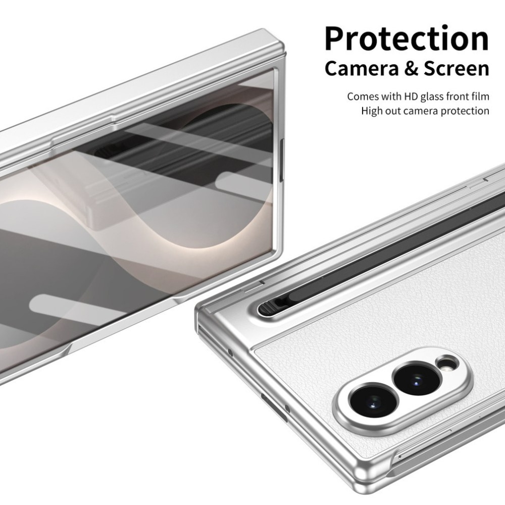 Husa Business pentru Samsung Galaxy Z Fold8 / Fold 8, Textura Piele Eco, Protectie Balama 360°, Stylus Inclus cu Slot Dedicat, Folie Sticla Ecran Frontal, Anti-Amprenta, White Leather