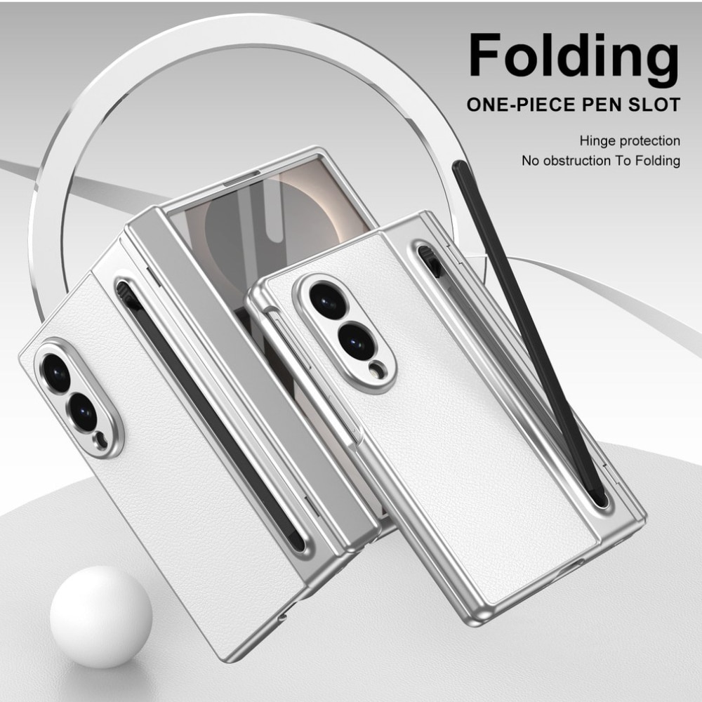 Husa Business pentru Samsung Galaxy Z Fold8 / Fold 8, Textura Piele Eco, Protectie Balama 360°, Stylus Inclus cu Slot Dedicat, Folie Sticla Ecran Frontal, Anti-Amprenta, White Leather