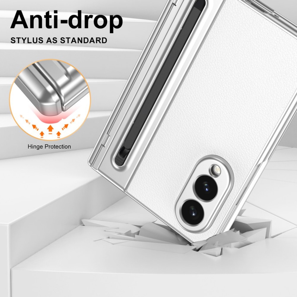 Husa Business pentru Samsung Galaxy Z Fold8 / Fold 8, Textura Piele Eco, Protectie Balama 360°, Stylus Inclus cu Slot Dedicat, Folie Sticla Ecran Frontal, Anti-Amprenta, White Leather