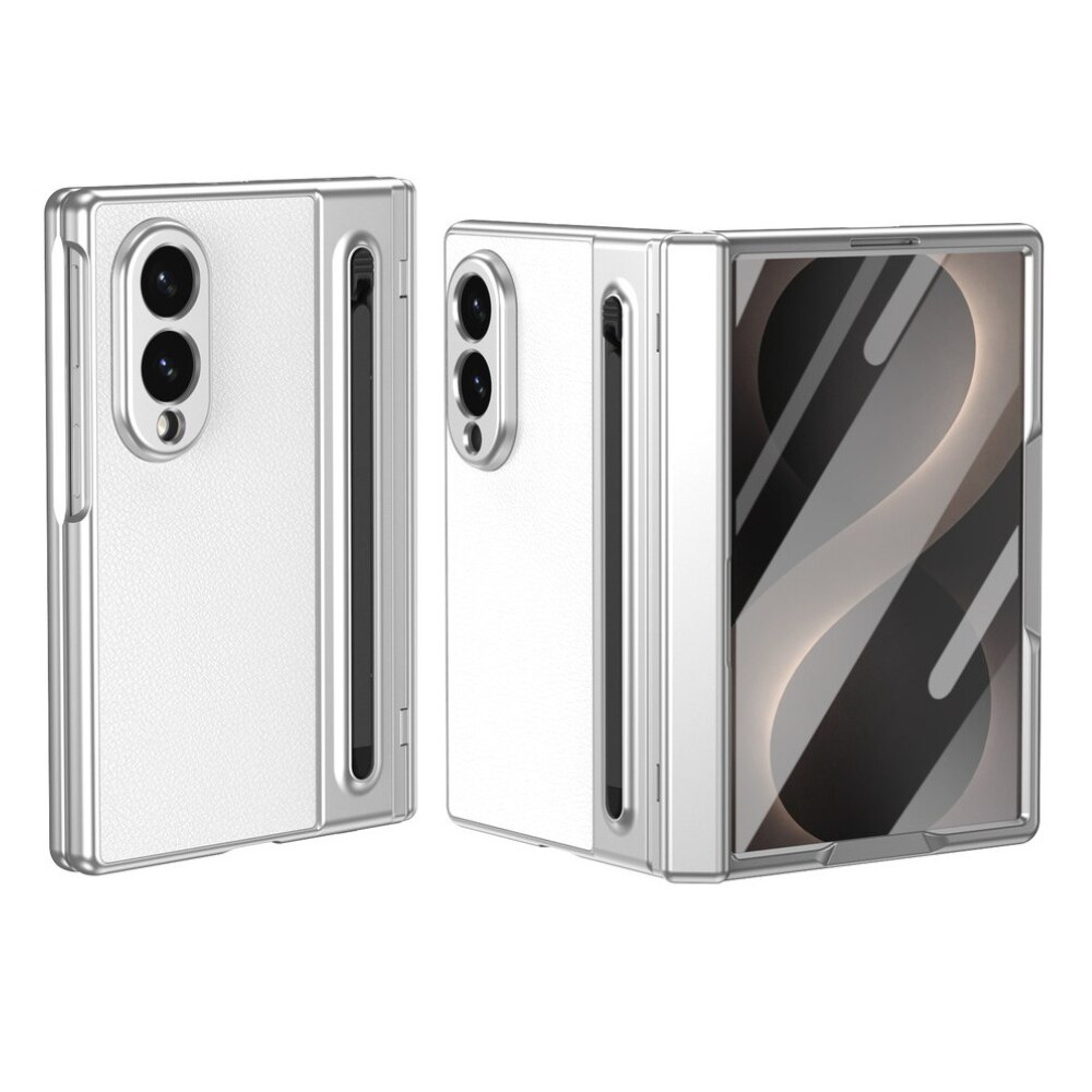 Husa Business pentru Samsung Galaxy Z Fold8 / Fold 8, Textura Piele Eco, Protectie Balama 360°, Stylus Inclus cu Slot Dedicat, Folie Sticla Ecran Frontal, Anti-Amprenta, White Leather