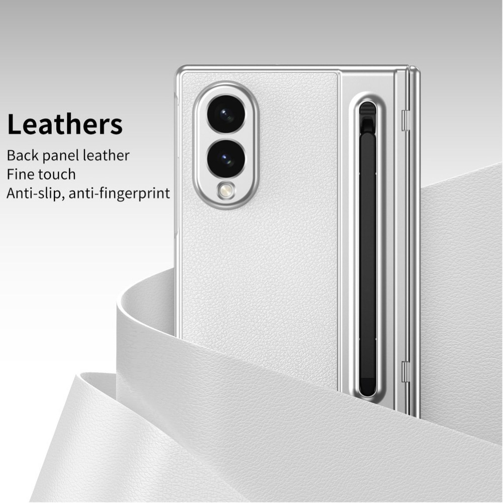 Husa Business pentru Samsung Galaxy Z Fold8 / Fold 8, Textura Piele Eco, Protectie Balama 360°, Stylus Inclus cu Slot Dedicat, Folie Sticla Ecran Frontal, Anti-Amprenta, White Leather