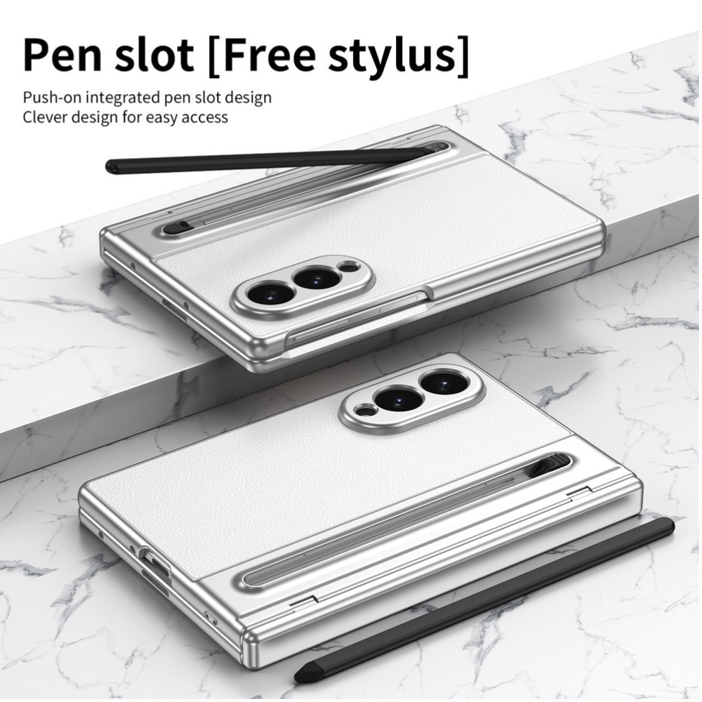 Husa Business pentru Samsung Galaxy Z Fold8 / Fold 8, Textura Piele Eco, Protectie Balama 360°, Stylus Inclus cu Slot Dedicat, Folie Sticla Ecran Frontal, Anti-Amprenta, White Leather
