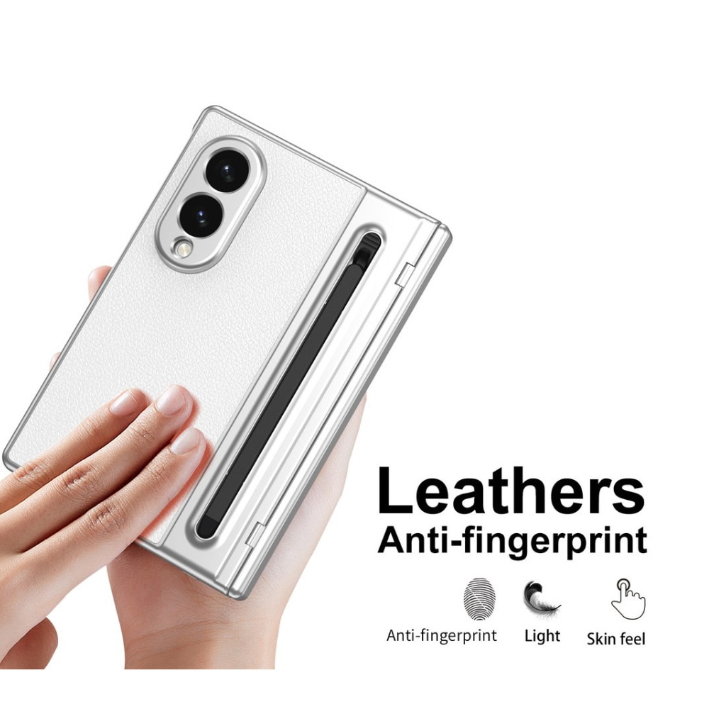Husa Business pentru Samsung Galaxy Z Fold8 / Fold 8, Textura Piele Eco, Protectie Balama 360°, Stylus Inclus cu Slot Dedicat, Folie Sticla Ecran Frontal, Anti-Amprenta, White Leather