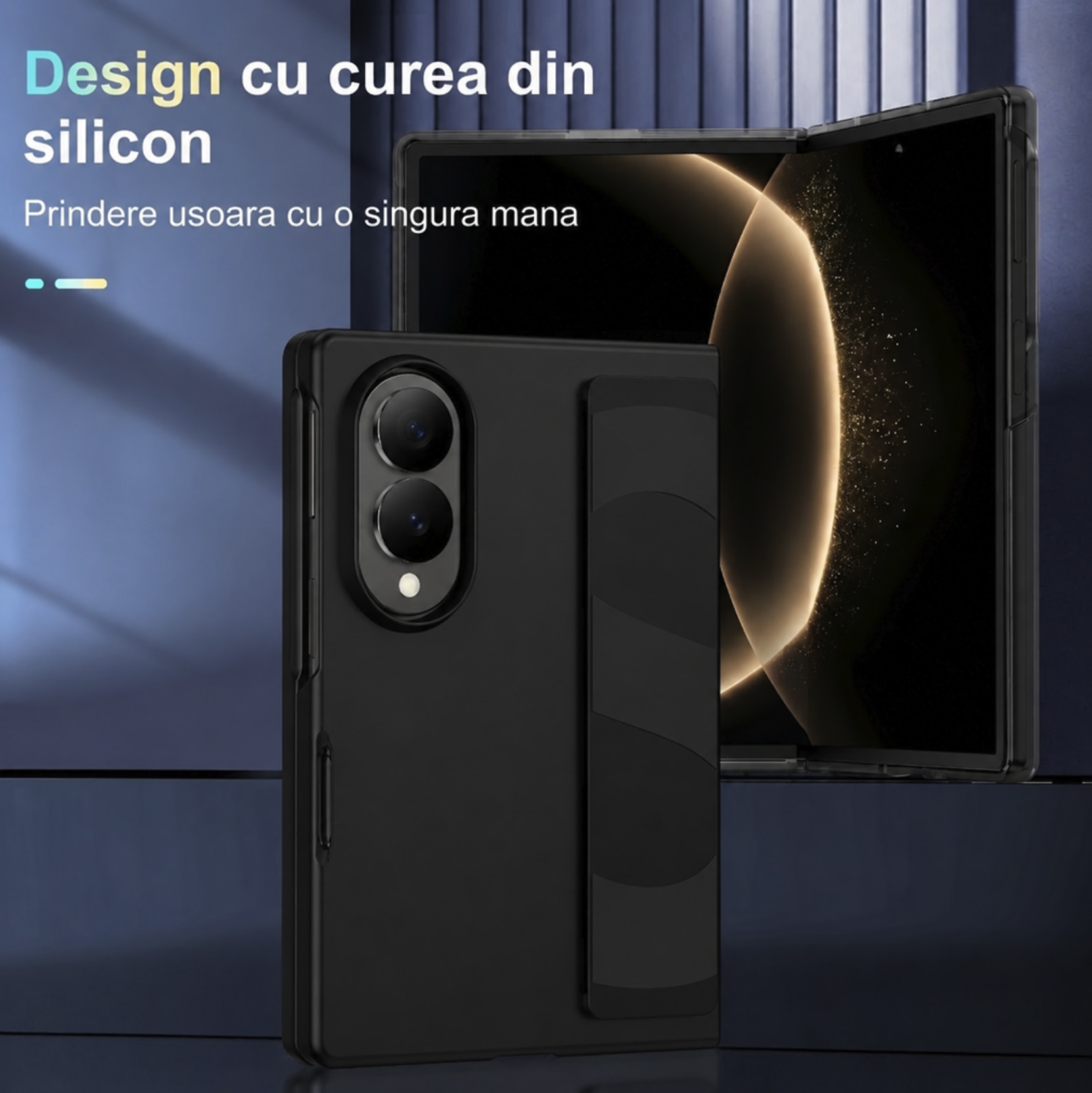 Husa pentru Samsung Galaxy Z Fold 8, cu Cureau de Mana, Anti Soc, Negru