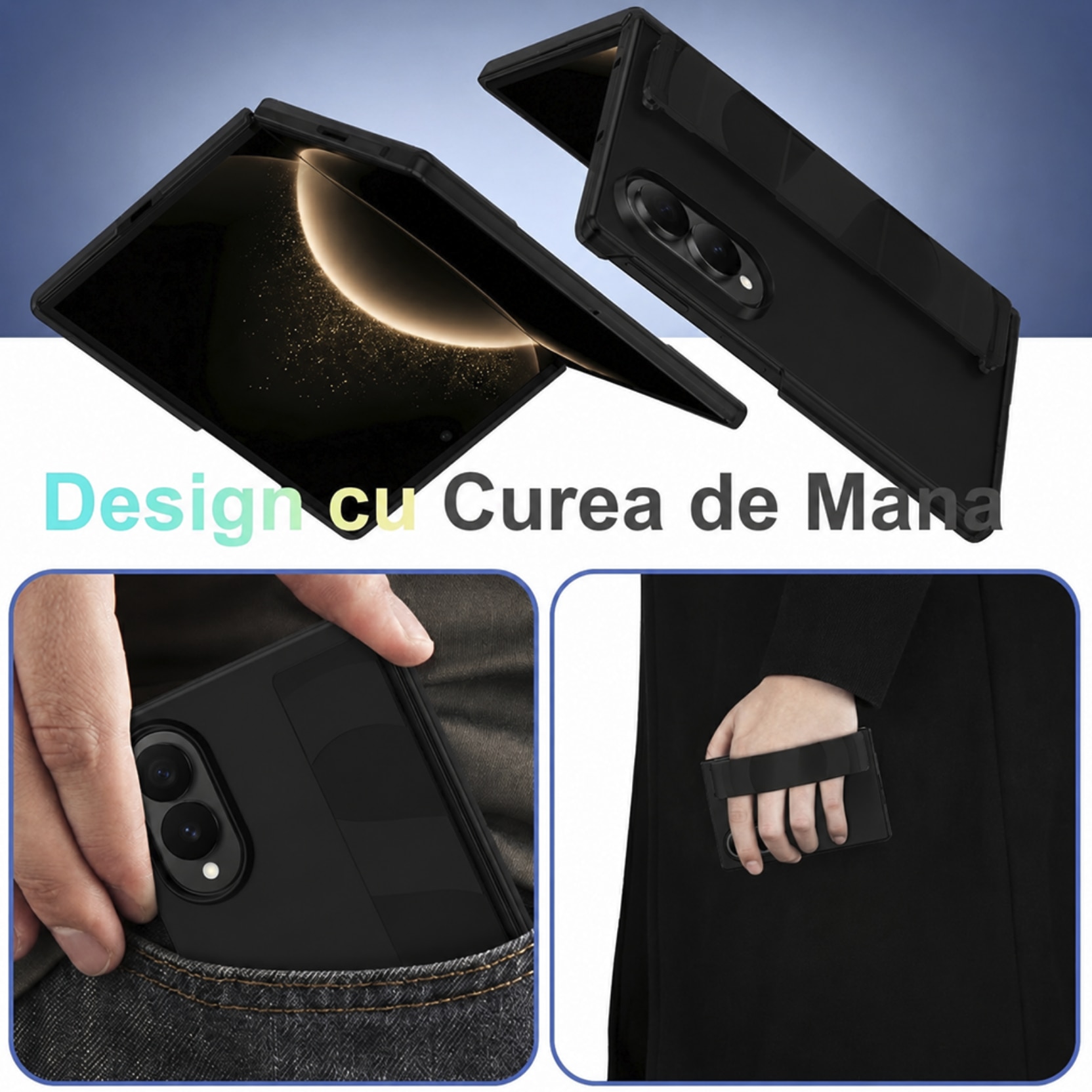 Husa pentru Samsung Galaxy Z Fold 8, cu Cureau de Mana, Anti Soc, Negru