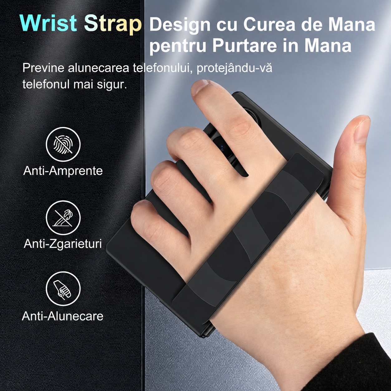 Husa pentru Samsung Galaxy Z Fold 8, cu Cureau de Mana, Anti Soc, Negru