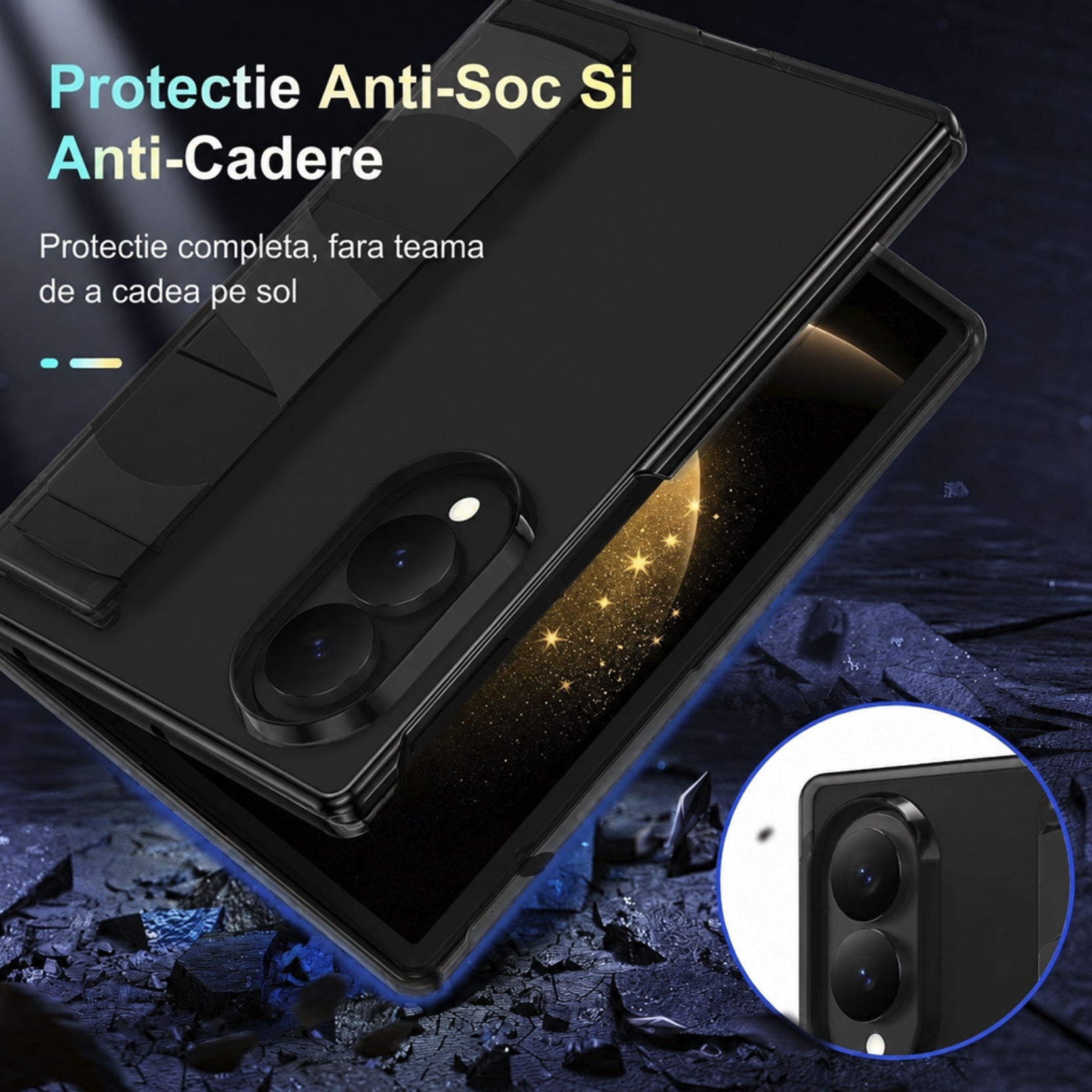 Husa pentru Samsung Galaxy Z Fold 8, cu Cureau de Mana, Anti Soc, Negru