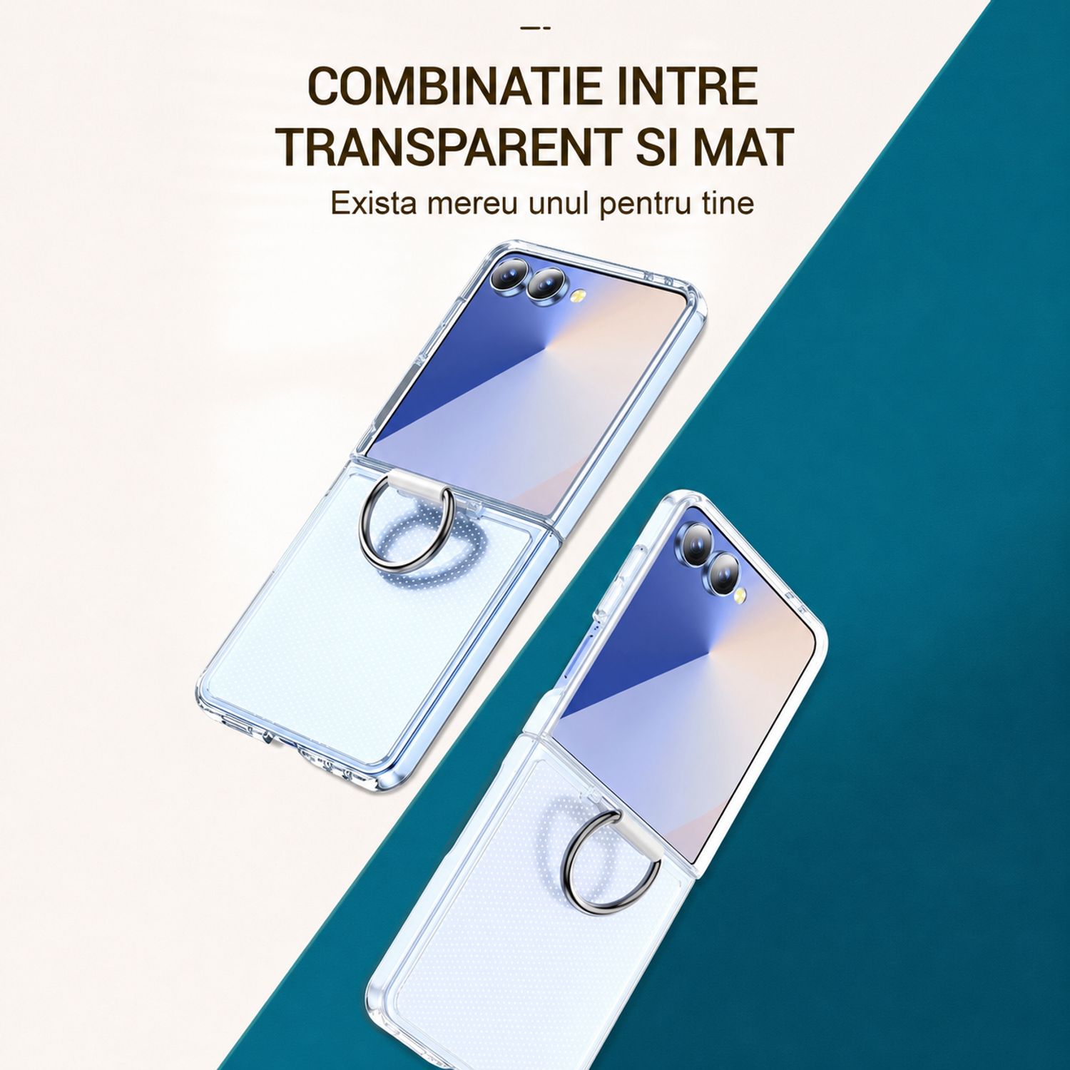 Husa de protectie din PC si PVC pentru Samsung Galaxy Z Flip8 cu Inel, Protectie Completa Antisoc, Ultra Subtire, Alb Mat Transparent