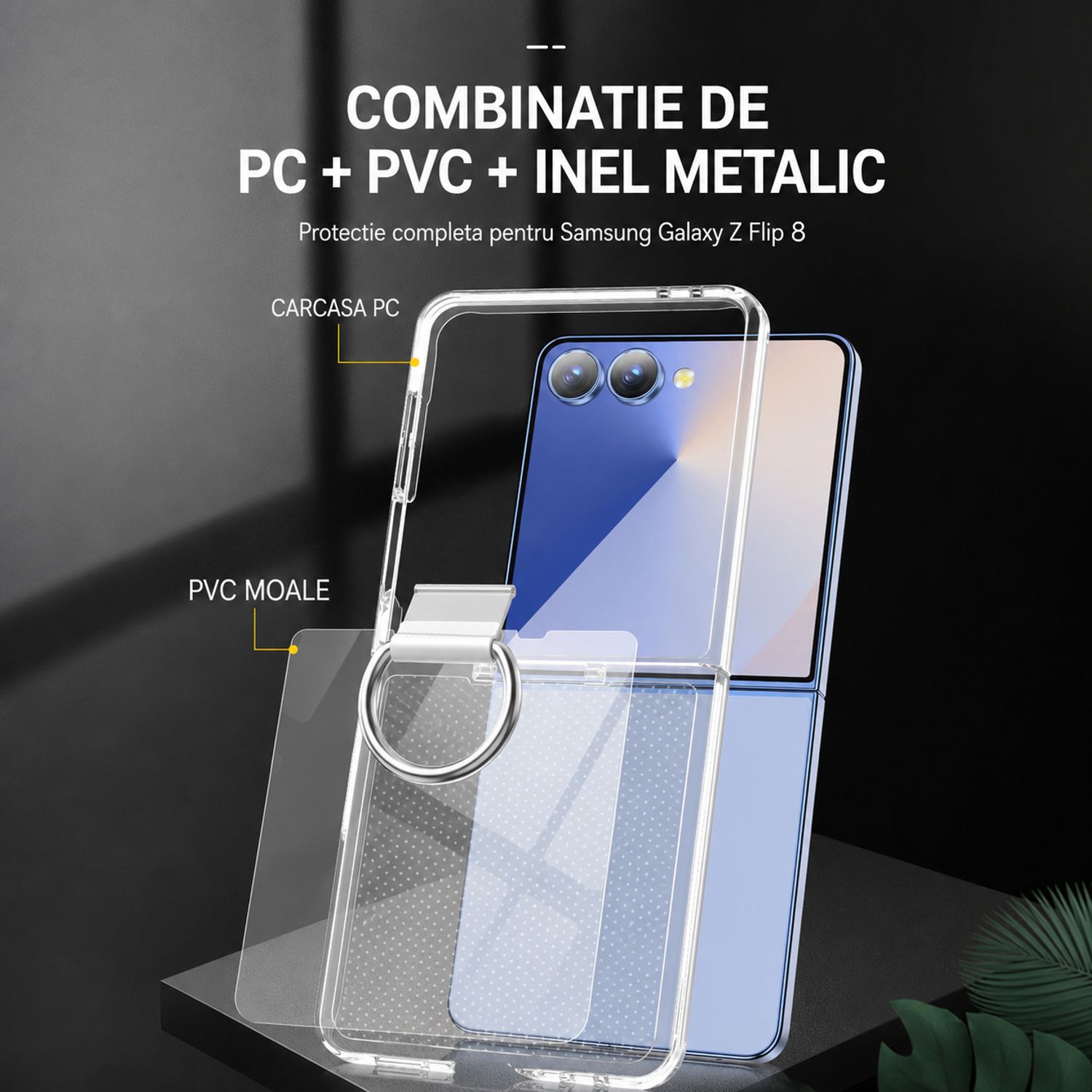 Husa de protectie din PC si PVC pentru Samsung Galaxy Z Flip8 cu Inel, Protectie Completa Antisoc, Ultra Subtire, Alb Mat Transparent