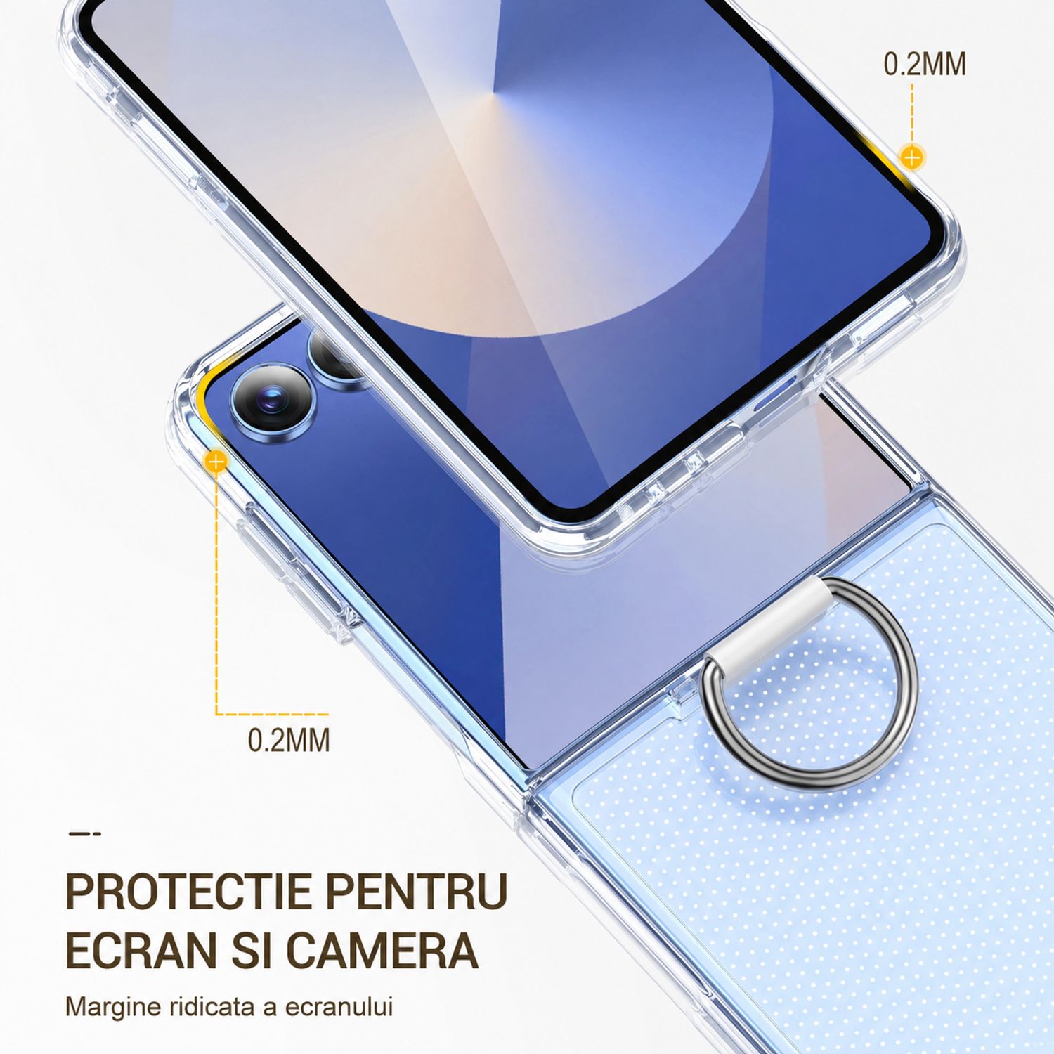 Husa de protectie din PC si PVC pentru Samsung Galaxy Z Flip8 cu Inel, Protectie Completa Antisoc, Ultra Subtire, Alb Mat Transparent