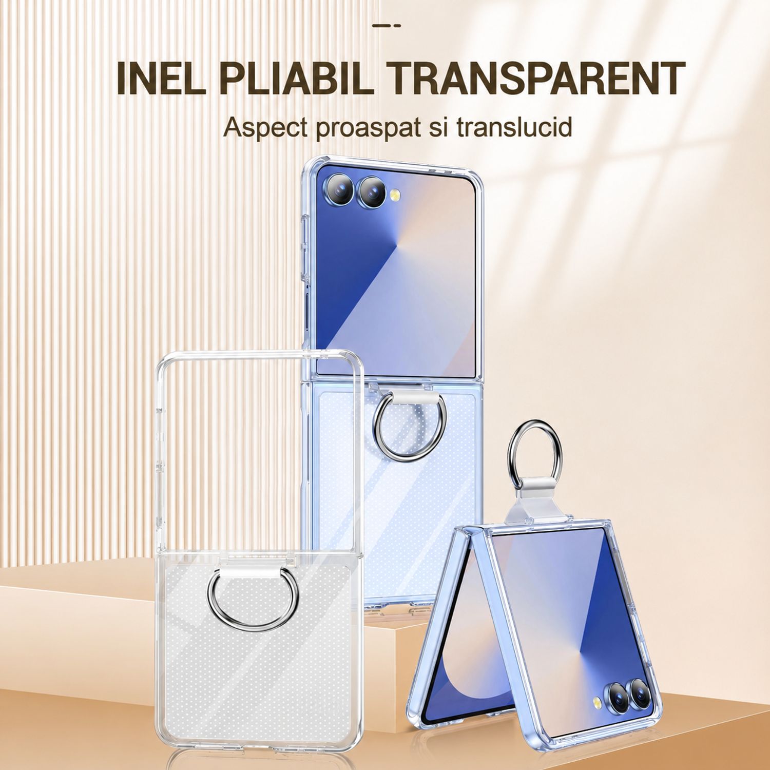 Husa de protectie din PC si PVC pentru Samsung Galaxy Z Flip8 cu Inel, Protectie Completa Antisoc, Ultra Subtire, Alb Mat Transparent