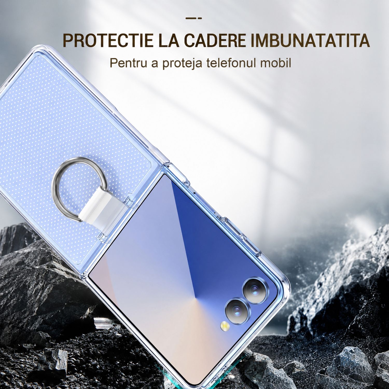 Husa de protectie din PC si PVC pentru Samsung Galaxy Z Flip8 cu Inel, Protectie Completa Antisoc, Ultra Subtire, Alb Mat Transparent