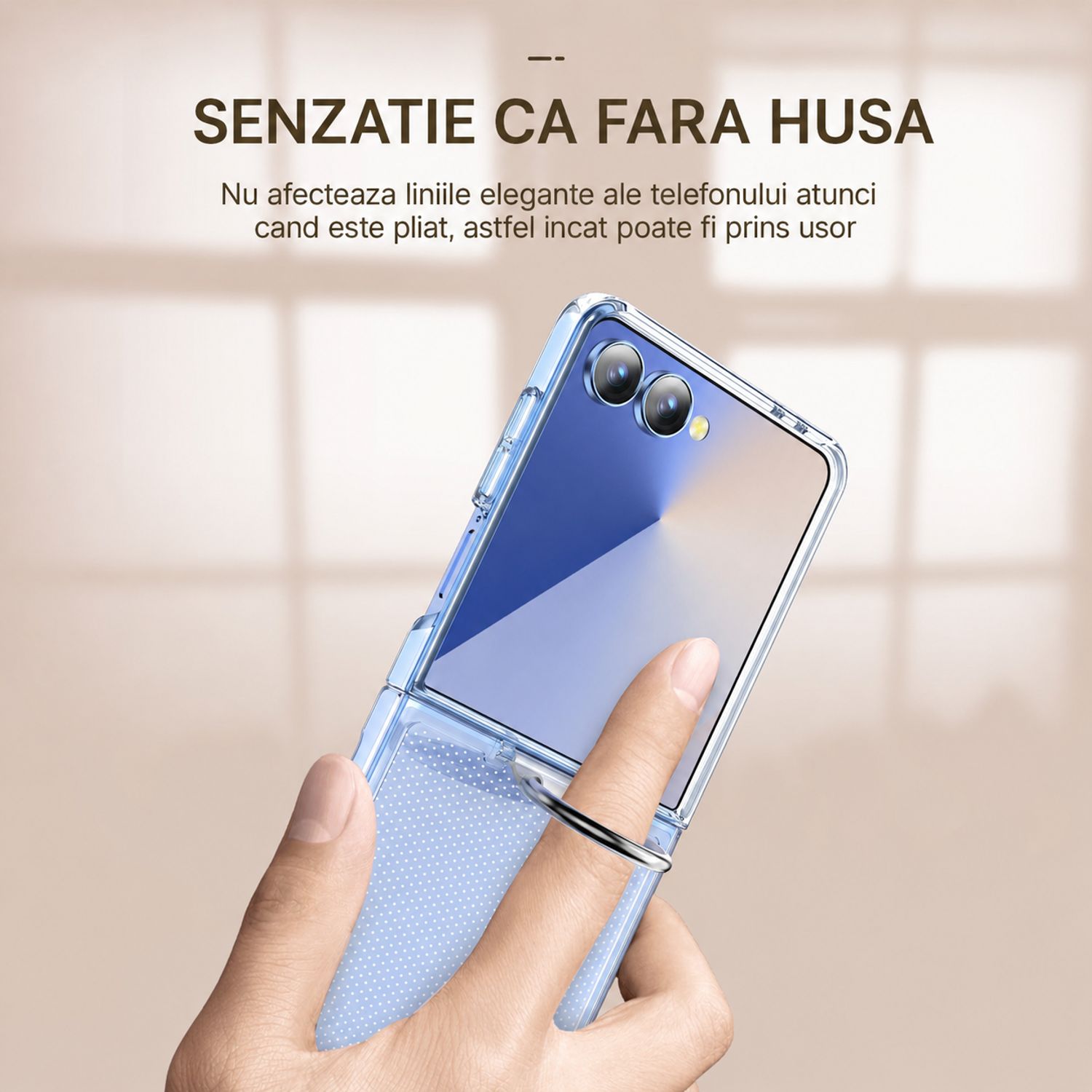 Husa de protectie din PC si PVC pentru Samsung Galaxy Z Flip8 cu Inel, Protectie Completa Antisoc, Ultra Subtire, Alb Mat Transparent