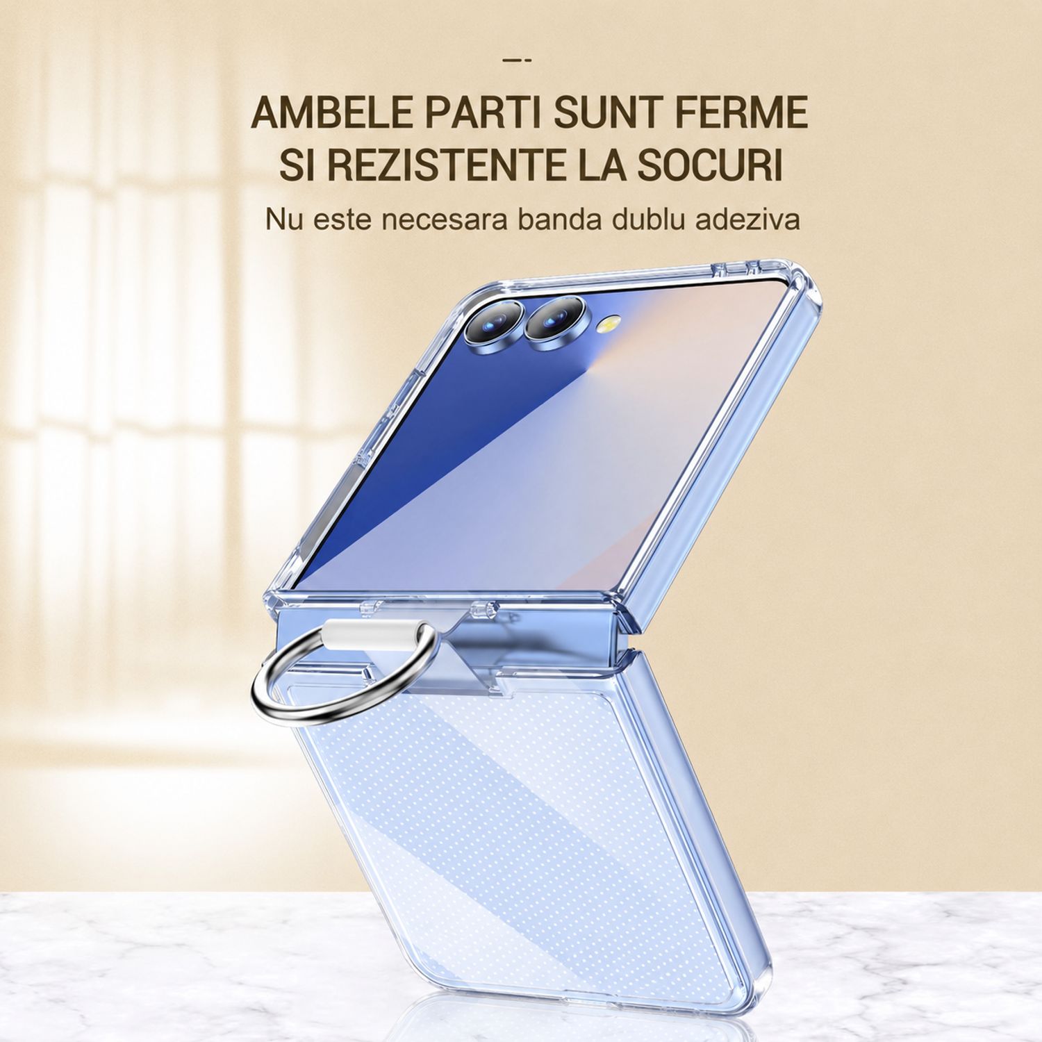 Husa de protectie din PC si PVC pentru Samsung Galaxy Z Flip8 cu Inel, Protectie Completa Antisoc, Ultra Subtire, Alb Mat Transparent