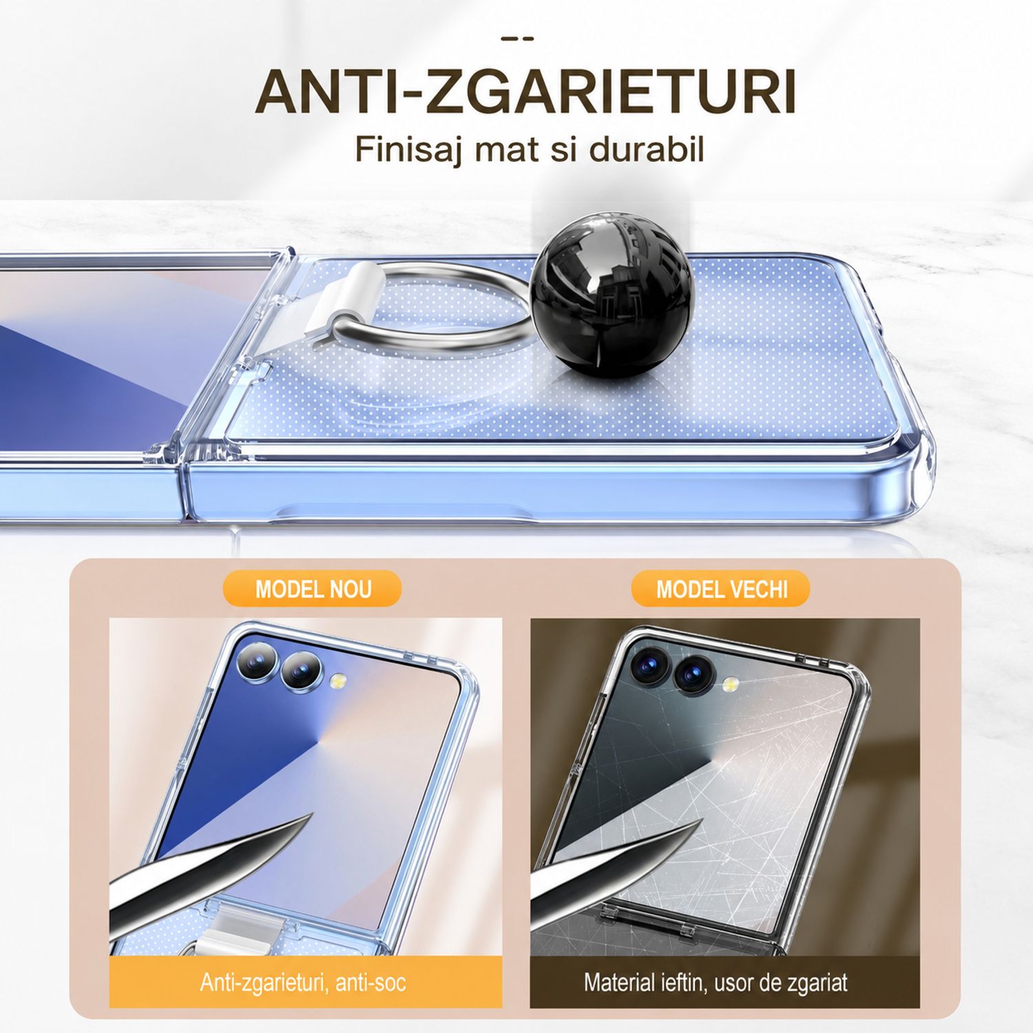 Husa de protectie din PC si PVC pentru Samsung Galaxy Z Flip8 cu Inel, Protectie Completa Antisoc, Ultra Subtire, Alb Mat Transparent