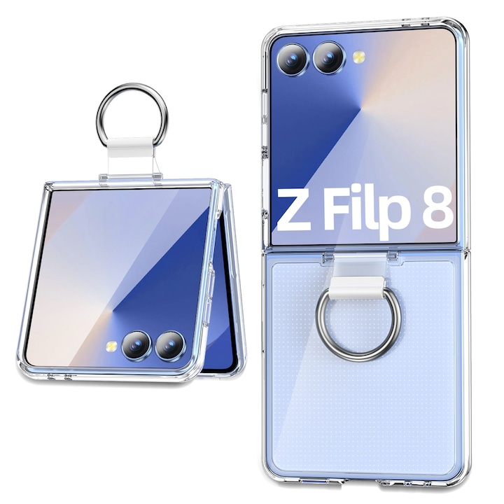 Husa de protectie din PC si PVC pentru Samsung Galaxy Z Flip8 cu Inel, Protectie Completa Antisoc, Ultra Subtire, Alb Mat Transparent