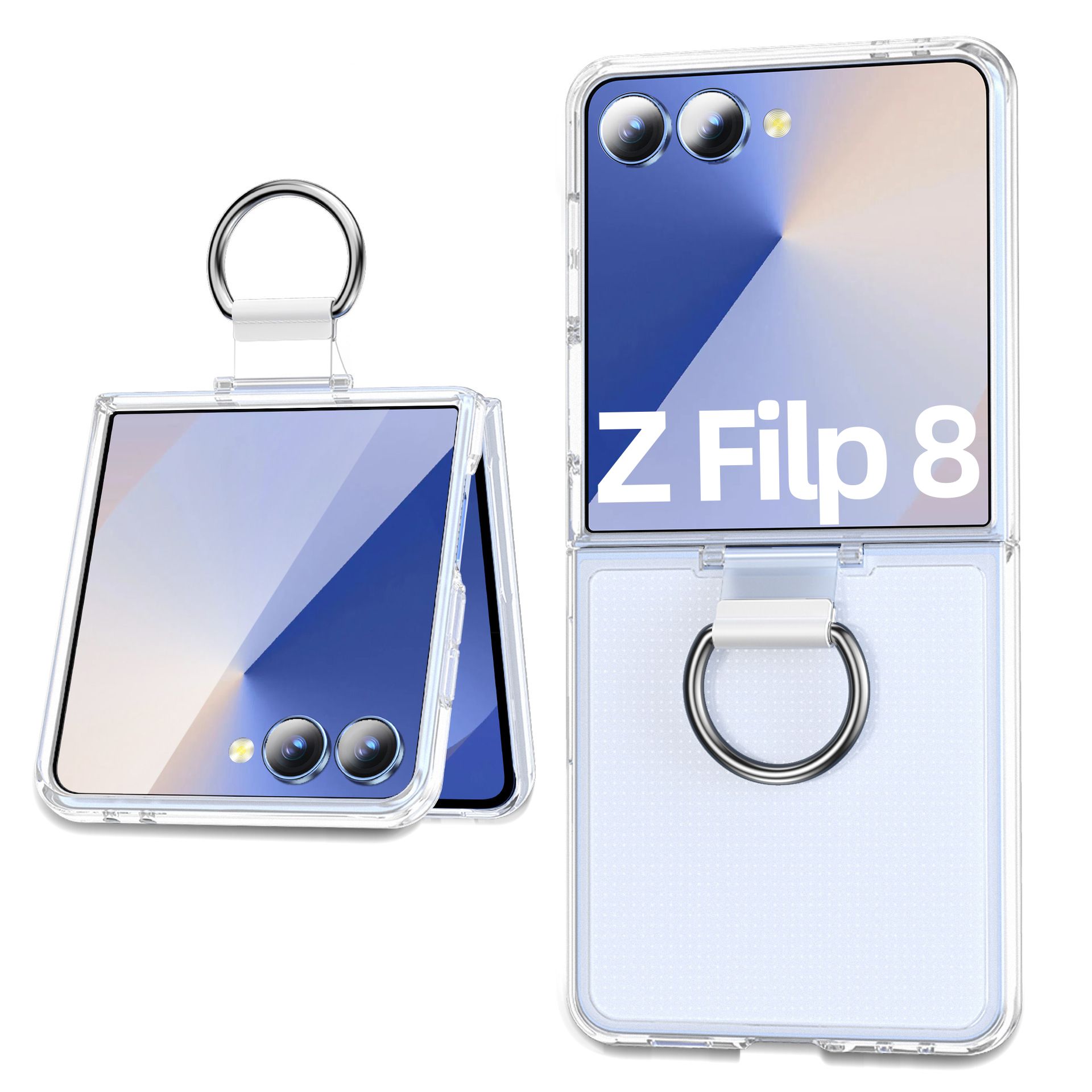 Husa de protectie din PC si PVC pentru Samsung Galaxy Z Flip8 cu Inel, Protectie Completa Antisoc, Ultra Subtire, Alb Mat Transparent