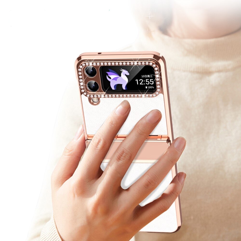 Husa pentru Samsung Galaxy Z Flip 4 5G, ERBORD, TPU/Piele ecologica, Alb/Auriu