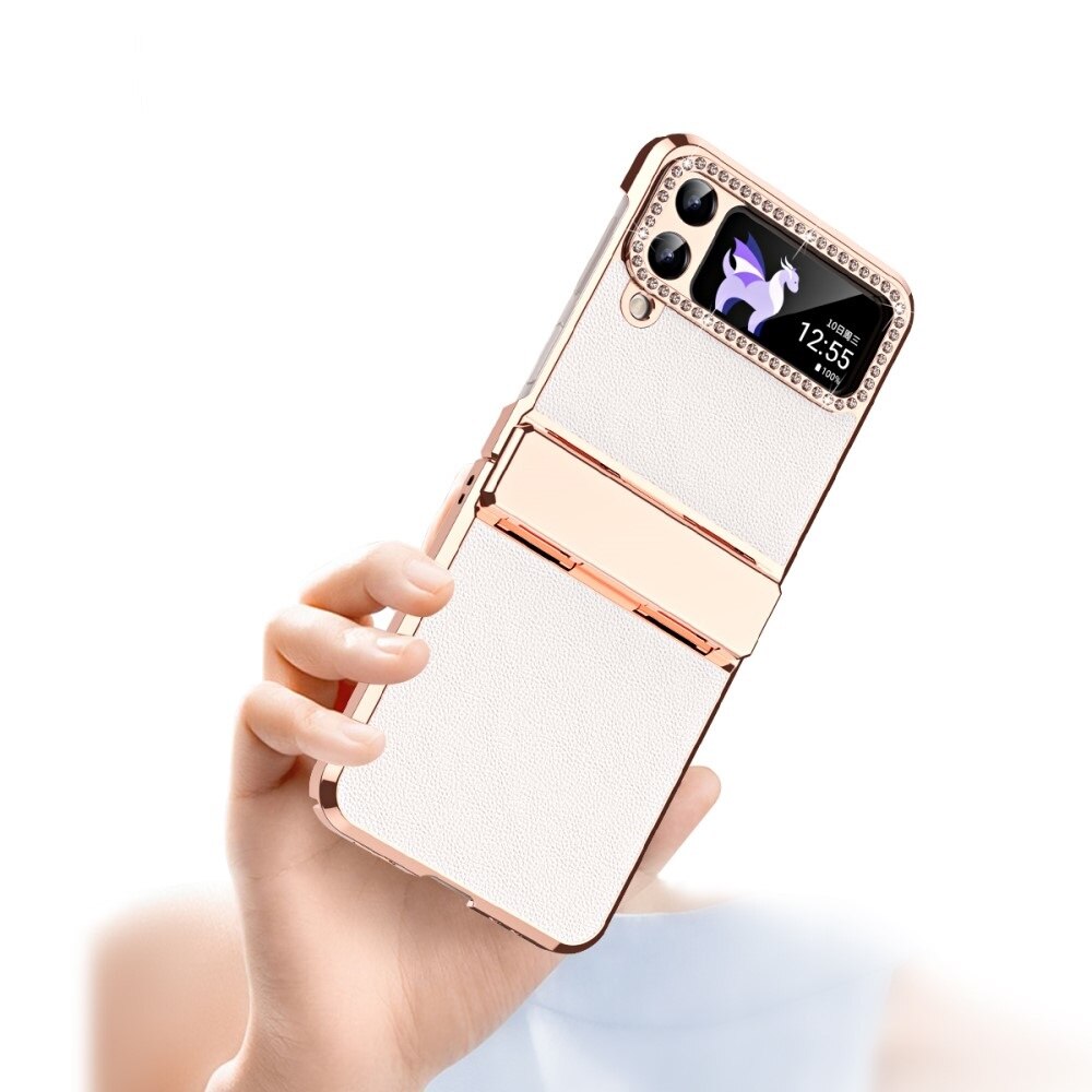 Husa pentru Samsung Galaxy Z Flip 4 5G, ERBORD, TPU/Piele ecologica, Alb/Auriu
